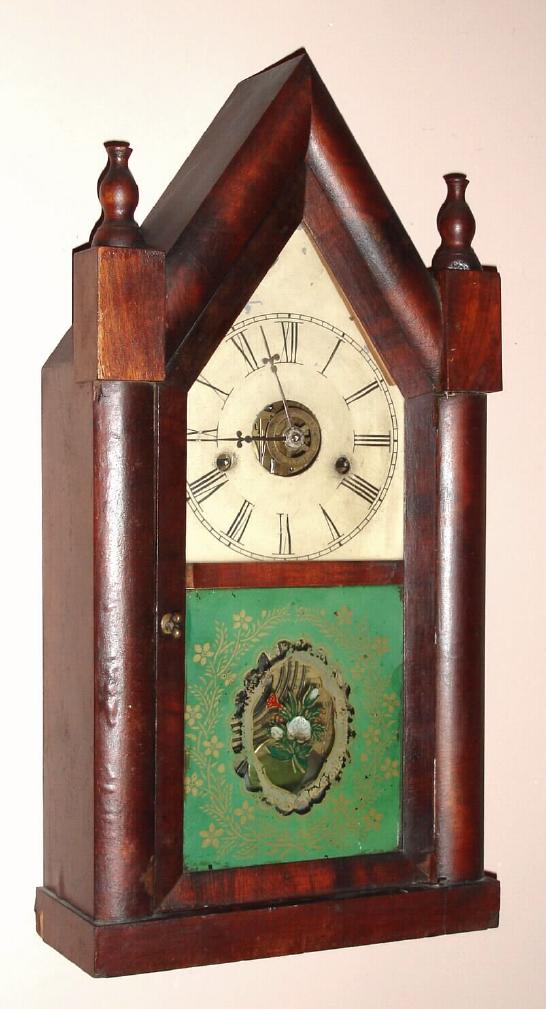 E. and A. Ingraham and Co., Ansonia, Conn. "STEEPLE CLOCK" model 8 day time, strike and alarm spring driven mvt in mahogany veneered case with painted zinc dial, (Had fire Dec. 1855 and were at Ansonia less than a year and went bankrupt. Scarce label) — Antique Clocks Price Guide