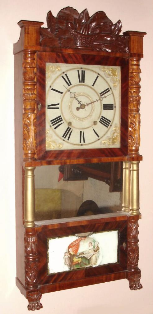 Alden A. Atkins, Bristol, Conn., C.1842, 30-hour time and strike wood movement triple decker (carved column) shelf clock. — Antique Clocks Price Guide