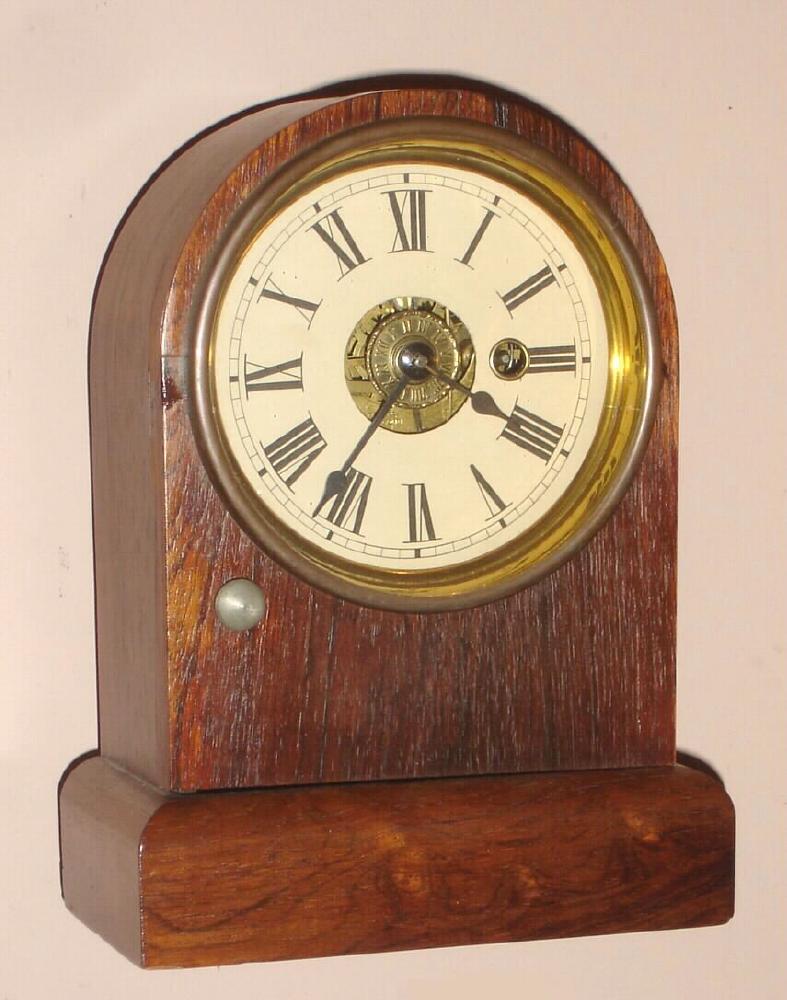 Seth Thomas Clock Co, Thomaston, Conn, C.1880, "Cabinet F", 8-day time/alarm round top cottage clock, has a Plymouth signed movement [type F in Ly reference material] — Antique Clocks Price Guide