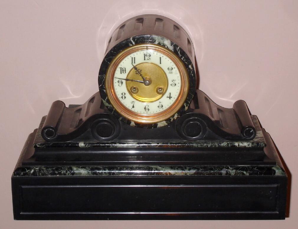 French, Circa 1890, 8-day time/strike marble mantel clock, in classic tambour design. — Antique Clocks Price Guide