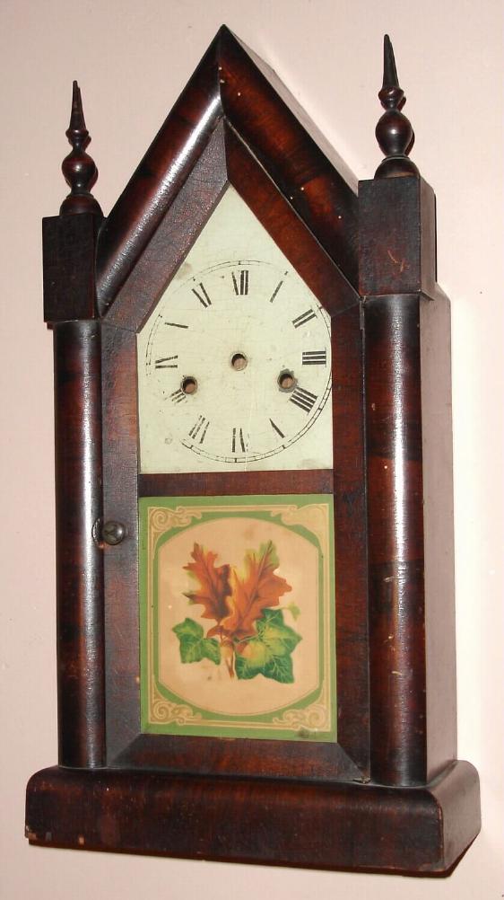 American steeple clock, incomplete, mahogany veneered case with zinc painted dial and period mvt in a bag, c1870 — Antique Clocks Price Guide