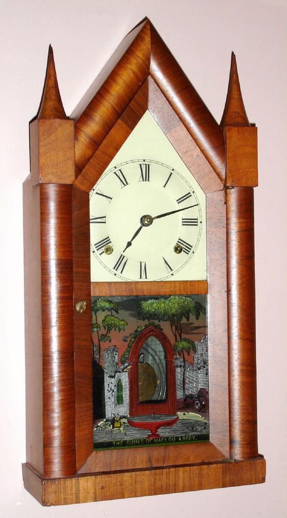 Chauncey Boardman Bristol, Conn. 30 hour time and strike spring driven mvt with fusee attachment on both time and strike sides in mahogany veneered case with Roman numeral painted zinc dial, c1845 — Antique Clocks Price Guide