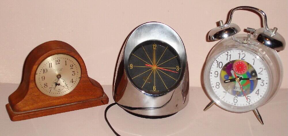 (2) desk clocks and (1) alarm clock; Tiffany and Co by Chelsea Clock Co. U.S.A. Ht 4", Jefferson electric "500" model Ht 5 1/2" and a plastic Chinese plastic alarm — Antique Clocks Price Guide