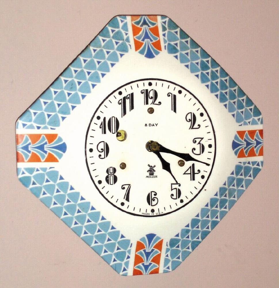 Miller USA hanging porcelain wall clock 8 day spring driven pin pallet mvt, c1930, made by E. Ingraham for Miller — Antique Clocks Price Guide