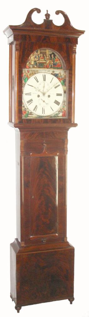 Scottish, Robert Muir, Dulry, c.1840, painted dial, 8-day tall clock in a crotch mahogany veneer case with good proportions. And with an exceptional original dial showing figures for the 4 continents, and a scene in the arch titled "Cotter's Saturday Night". — Antique Clocks Price Guide