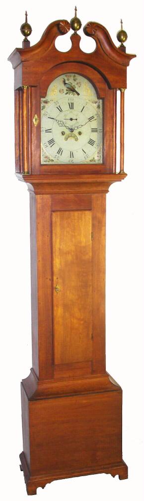 New Hampshire, 8-Day Painted Dial tall clock (unsigned dial), C.1820, in a birch case with maple coloring, and with a scroll or broken arch top. — Antique Clocks Price Guide