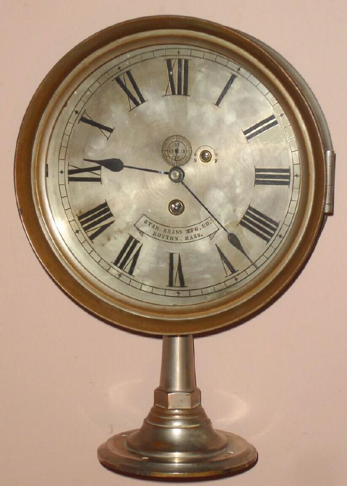 Star Brass Mfg. Co., Boston, an engine room timepiece in a nickel plated cast /turned brass case with hinged bezel, and 8.5" dial, the whole on a vertical mount, also plated, and with a high quality nickeled damascene movement by Waltham Watch Co, and with a robust gilt lever platform. — Antique Clocks Price Guide