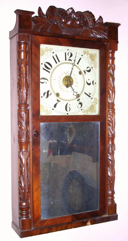 Chauncey Boardman and Joseph A. Wells, Bristol, Conn., Circa 1835, 30-hour time/strike/alarm wood movement carved column and splat shelf clock. — Antique Clocks Price Guide