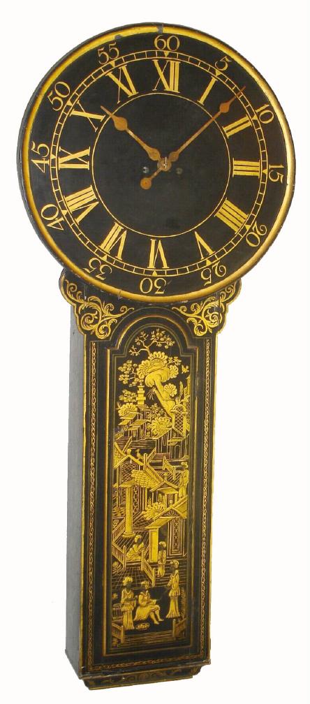 English, Time and bell strike TAVERN CLOCK, 26" dial with gilt Roman numerals, in a Chinoiserie case, the with raised figures in period dress, amongst gardens and temples, C.1800. — Antique Clocks Price Guide