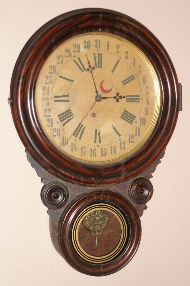 E. Ingraham and Co., Bristol, Conn, DEW DROP CALENDAR, round drop wall clock, 8-day, time. — Antique Clocks Price Guide