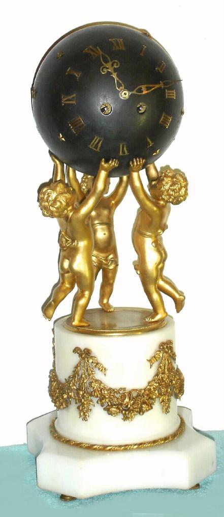 French, Vincenti and Cie, ormolu and marble figural clock, three cherubs supporting a globe with applied gilt stars and Roman numerals to designate the dial, containing the 8 day time and strike spring driven clock movement with balance / platform escapement all on a white marble plinth with applied garland trim, c1890 — Antique Clocks Price Guide