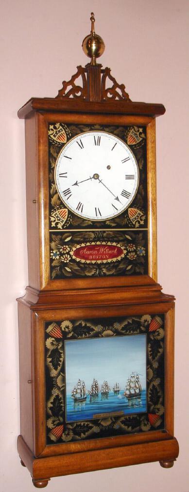 Unsigned, modern reproduction MASSACHUSETTS SHELF clock, with the applied name of Aaron Willard to the top tablet. Lower tablet showing the "Escape of the Constitution" during the War of 1812, and of 8-day duration, weight driven. — Antique Clocks Price Guide