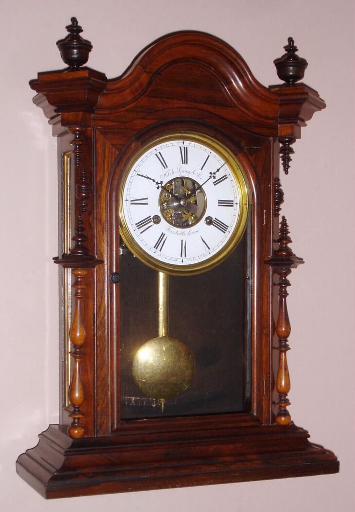 Welch, Spring and Co., Forestville, Conn, "TITIENS", 30 Day timepiece with nickel plated duplex spring movement {exposed}, and with porcelain dial, in rosewood. — Antique Clocks Price Guide