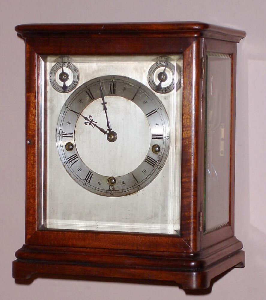 German, Winterhalder and Hoffmeier, unusual 4-glass and mahogany case, just slightly larger than the robust movement, quarter chiming Westminster tune on 4 very heavy flat wire gongs, and striking the hours on a still larger gong, c.1900. — Antique Clocks Price Guide