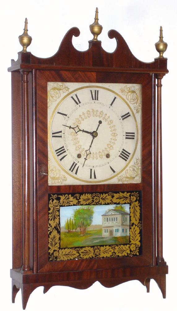 Mark Leavenworth, Waterbury, Conn, "Pillar and Scroll", wood movement shelf clock, 1-day time and bell strike, C.1825 — Antique Clocks Price Guide