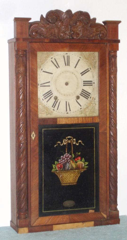 Case only, Samuel Terry, C.1835, carved column and splat. Note very unusual twisty carved columns and well detailed double cornucopia splat. — Antique Clocks Price Guide