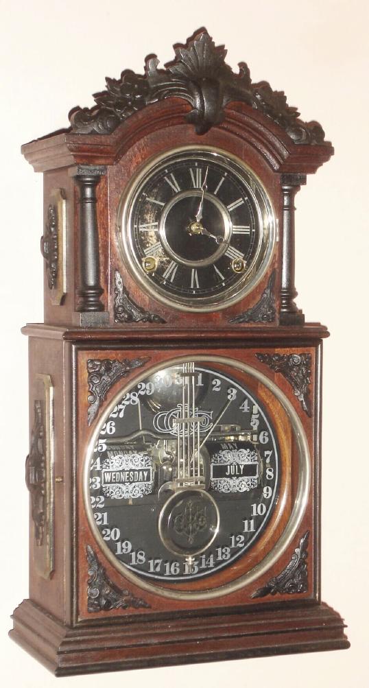 Ithaca Calendar Clock Co., "PARLOR 3 1/2" double dial perpetual calendar, 8-day bell strike with cut glass pendulum, C.1890 — Antique Clocks Price Guide