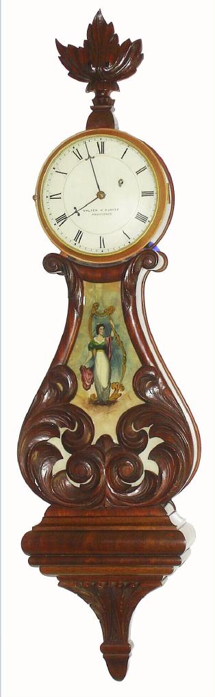 Walter H. Durfee, Providence RI, LYRE BANJO, in the classic style of John Sawin, weight driven, 8-day, using Waltham's quality dead beat movement with maintaining power, and Geneva winding stop, serial No. 5952, c.1925 — Antique Clocks Price Guide