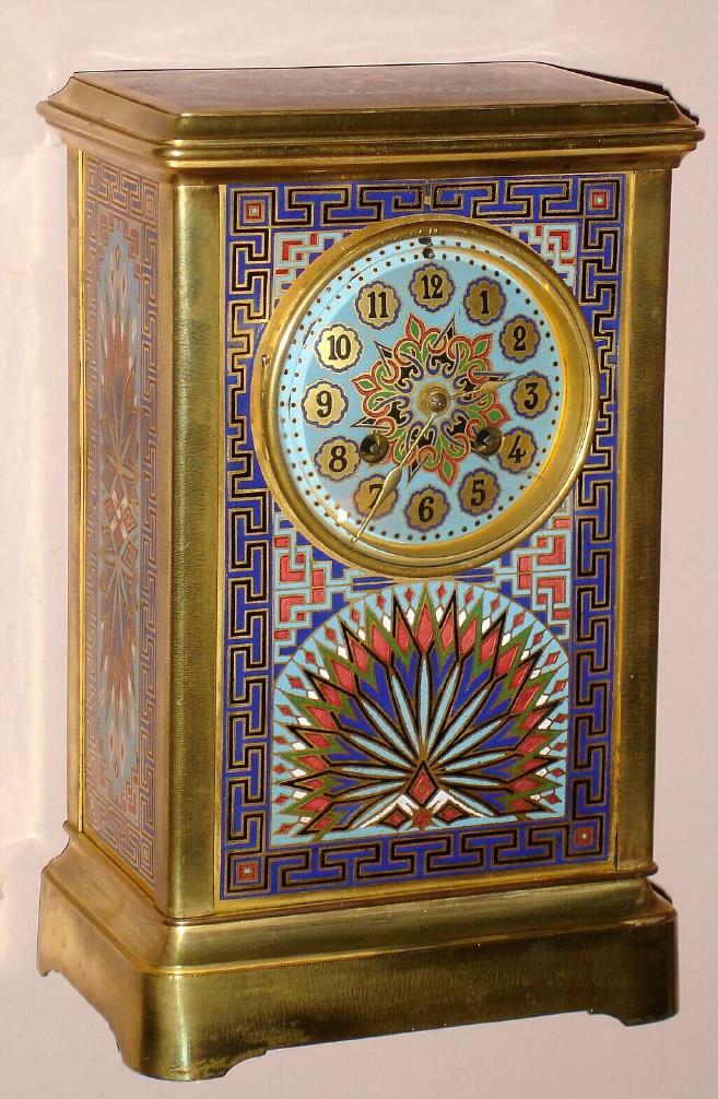 Japy Freres French crystal regulator in cloisonne enamel polished brass case with time and bell strike 8 day movement and Arabic numeral cloisonne enamel dial, c1890 — Antique Clocks Price Guide