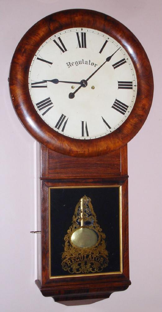 Seth Thomas Clock Co., Plymouth Hollow, Conn, C.1858, a very early striking clock, similar to the No. 1 Extra, Striking [see one of those in this sale], and with the same S. B. Terry 2-weight movement with count wheel strike and maintaining power, the case in rosewood, and a large dial of 16". Nice Ashland, Ohio repair label from 1925 in the amount of $1. — Antique Clocks Price Guide