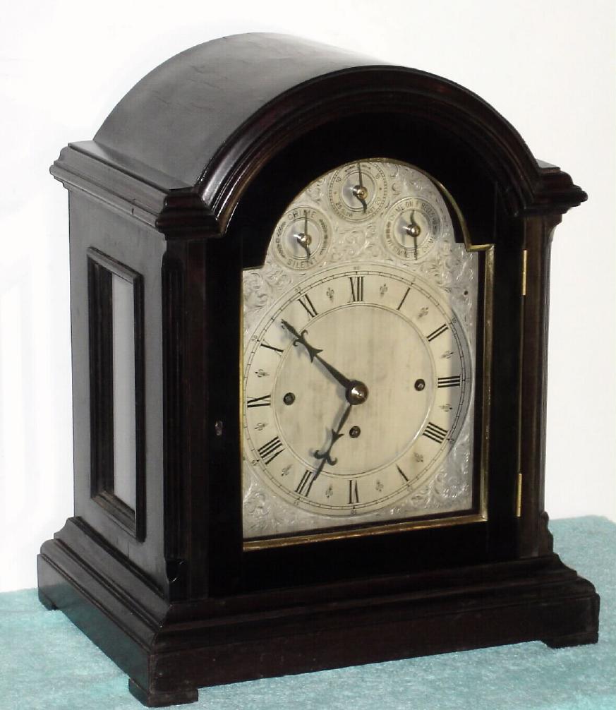 European, 3-Chain Fusee, Victorian Double chime bracket clock, playing your choice of Westminster on gongs or Whittington on bells, followed by an hour count on a large flat wire cathedral gong. The silvered brass chapter ring applied to a well engraved and silvered mask, and with subsidiary dials in the arch for Strike/Silent, F/S, and Westm/8-bells. — Antique Clocks Price Guide