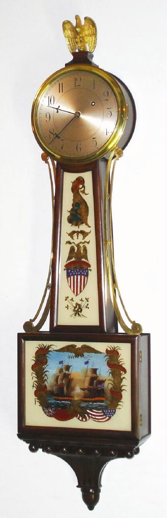 Chelsea Clock Co., for Bigelow and Kennard, Boston, Willard model weight banjo timepiece with silvered engraved dial, signed for both Chelsea and B+K, serial No. 178427, C.1926, and with nice original set of Perry's 1813 Victory tablets. — Antique Clocks Price Guide