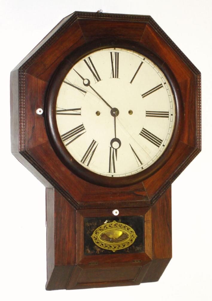 Atkins Clock Co., Bristol, Conn, 30-DAY Fusee timepiece with Atkins round movement attached to iron fusee support in a "Drop Octagon XX" case that originally had just a regular 8-day time movement. The movement was changed long ago, and the to glue block been there a long time. A 3/8 inch old pine back has been added for reinforcement. — Antique Clocks Price Guide