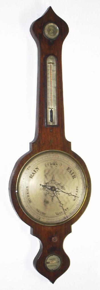 English, Banjo barometer in rosewood, mercury tube design [no mercury], less crystal and reference pointer, retailed by Waight, Brompton, and with hygrometer at top, thermometer in throat, c.1860 — Antique Clocks Price Guide