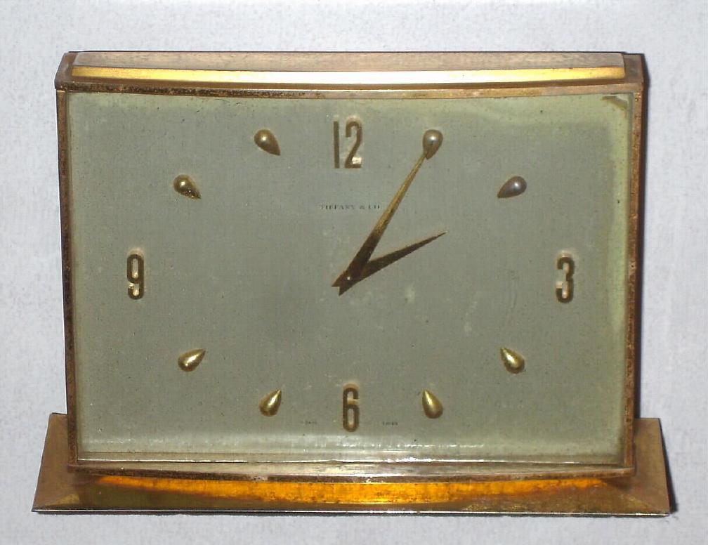 Swiss for Tiffany and Co., gilt brass desk clock with jeweled lever mov't, 8-day. back wind, as-found — Antique Clocks Price Guide
