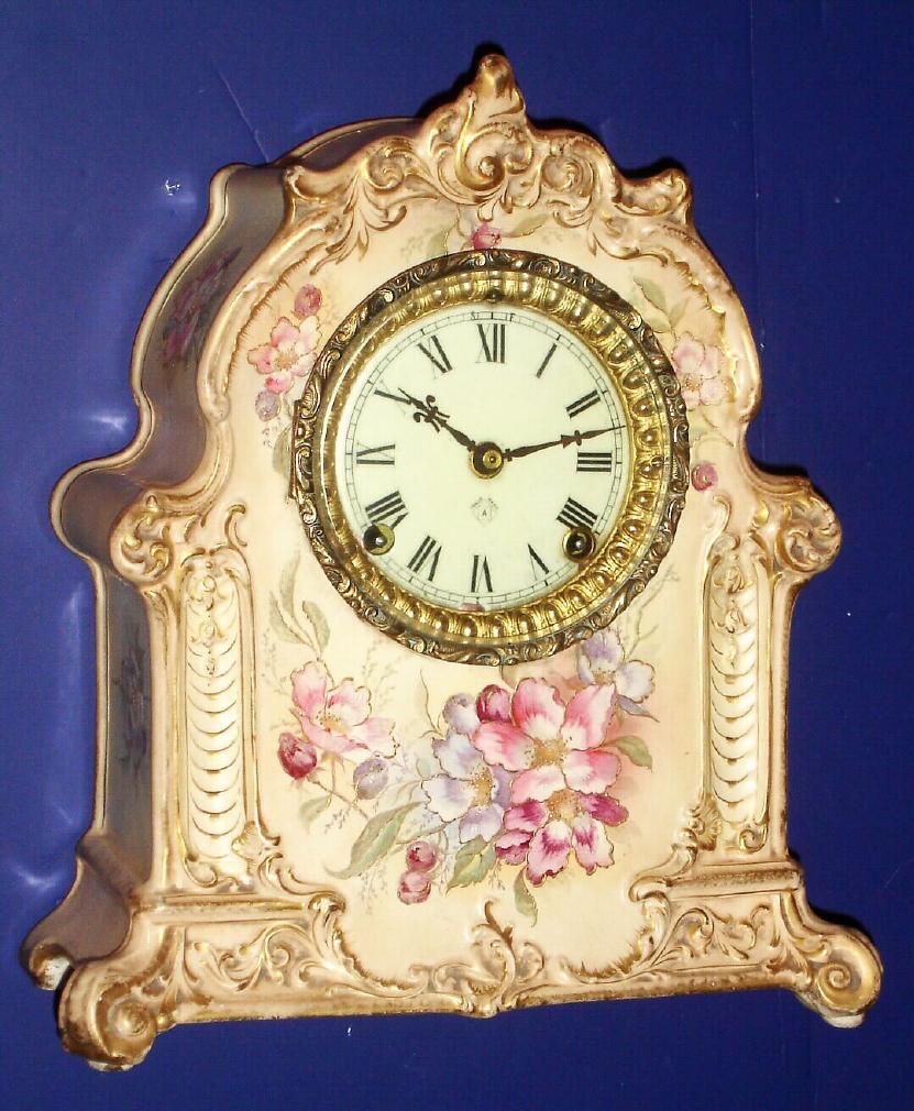 Ansonia Clock Co, Royal Bonn, 'LA MOSELLA', {not Moselle, see close up of model name on case}, another Bonn that is not pictured in known Ansonia catalogs, 8-day time and gong strike. — Antique Clocks Price Guide