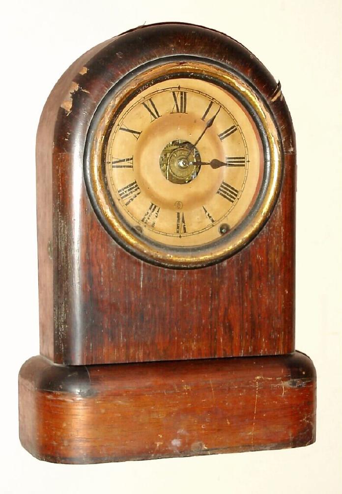 Seth Thomas, Thomaston, Conn. "TUDOR NO. 1" time, strike and alarm 8 day sprind driven movement in mahogany veneered case with Roman numeral papered dial, c1879 — Antique Clocks Price Guide