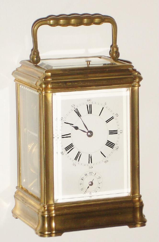 French, Henri Jacot, brass, Gorge cased carriage clock, time, stike, alarm and repeat with original leather covered carry case and key, C.1885 — Antique Clocks Price Guide