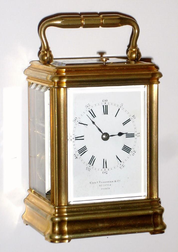 French, Chas. Frodsham and Co., Paris, No. 19514, miniature Gorge cased carriage clock, Petite Sonnerie, with strike/silent lever in the base, and with quarter repeating button at top., C.1900, and with original travel case. — Antique Clocks Price Guide