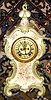 Ansonia Clock Co., C.1895, unknown model, porcelain china clock, all original with premium round movement w/ rack striking, and retaining original Ansonia pine base board and iron gong. Fancy multi color dial.