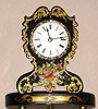 Chauncey Jerome, New Haven, Conn, C.1850, paper mache model shelf clock with 1-day Botsford movement, and old glass dome. Colorful and vibrant front or shield was made by the Litchfield Mfg. Co.