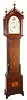 Boston area mahogany tall case clock, C.1820, 8-day, 12 inch painted arched dial, with the later applied signature of Simon Willard. The case with fan inlays on the waist and plinth, brass stop fluted quarter columns to the waist and stop fluted full columns and fret trim on the hood.