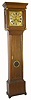 English, John Stevenson, Stafford, C.1770, diminutive oak cased square dial (12") tall clock, 8-day time and strike [count wheel off great wheel], 2-wt. With seconds bit below 12, and calendar aperture above 6 and with deeply ringed winding holes. Finely pierced spandrels with a female face.