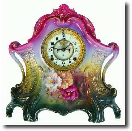 C.1905, Ansonia, "La Layon" Royal Bonn Porcelain china shelf clock — Antique Clocks Price Guide
