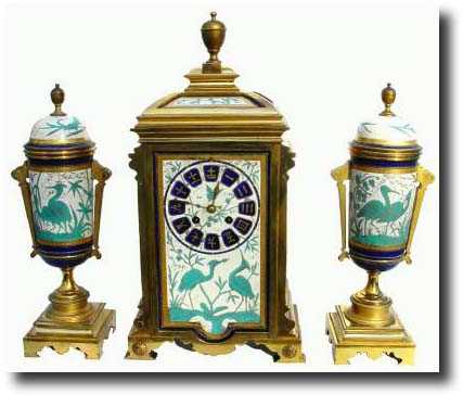 C.1890, French, Gilt Bronze and Porcelain mantel garniture — Antique Clocks Price Guide