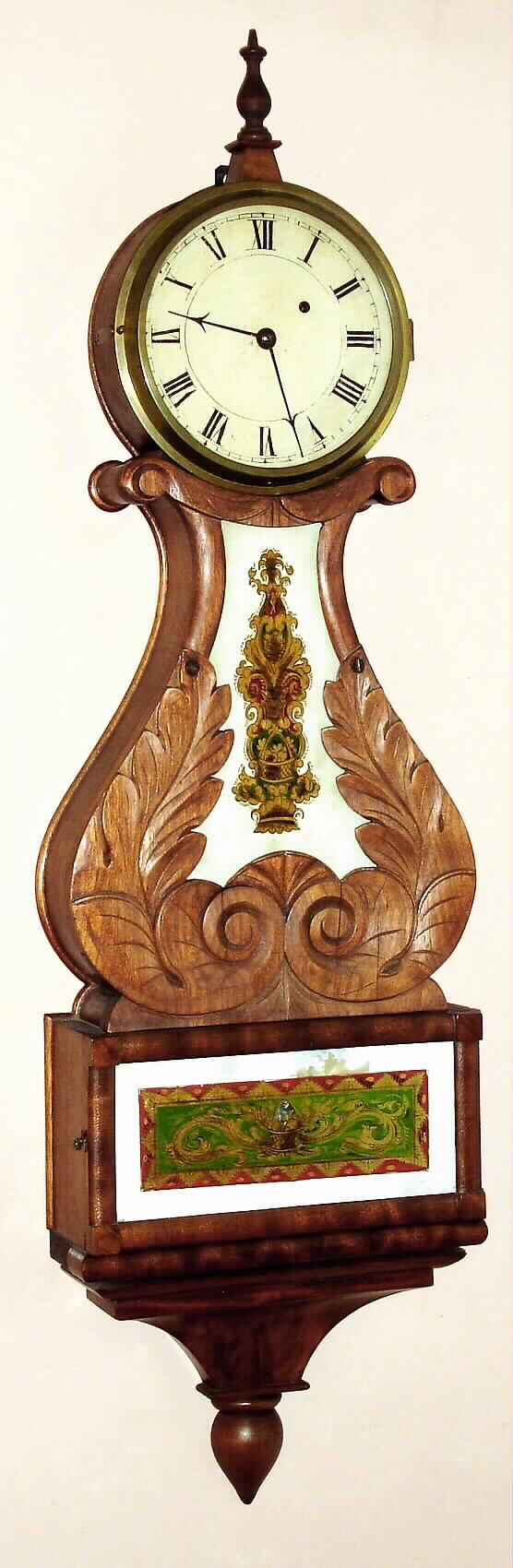A Boynton, Boston (attributed) lyre banjo weight driven time only wall clock, mahogany case with carved throat, c1837 — Antique Clocks Price Guide