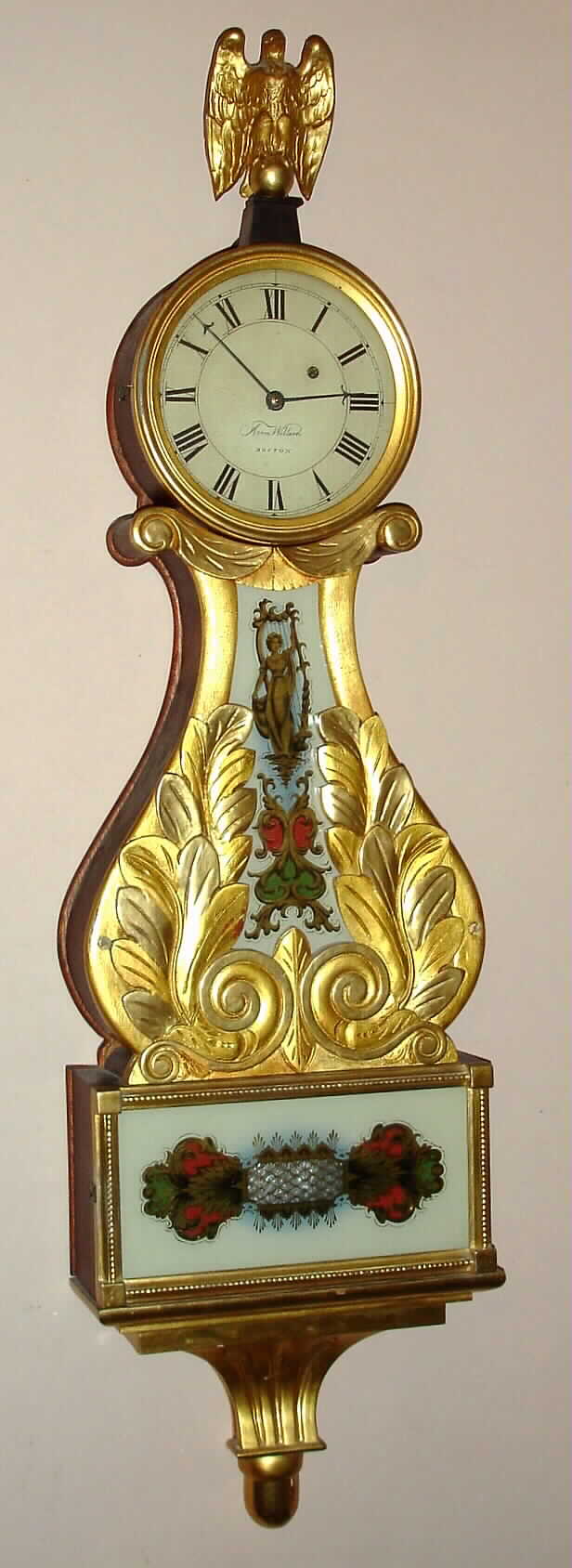 Lyre form banjo clock attributed to Aaron Willard Boston with applied Aaron Willard signature weight driven time only wall clock, c1825 — Antique Clocks Price Guide