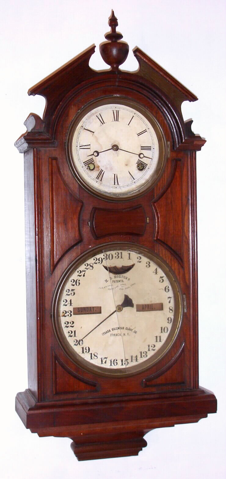Ithaca Calendar Clock Co., New York, No. 6 Hanging Library, walnut 8-day time and strike double-dial perpetual calendar clock, C.1880 — Antique Clocks Price Guide