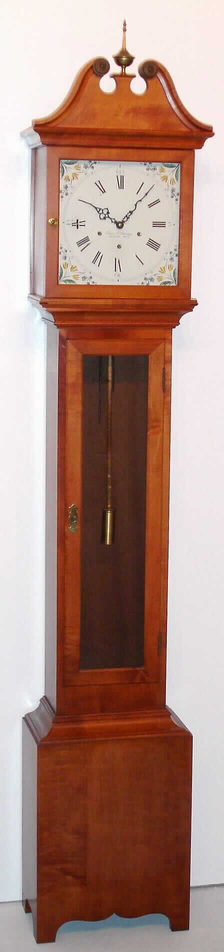 Elmer Stennes, Weymouth Massachusetts "The Wessagusset" dwarf tall case or grandmother clock time, strike and Westminster chime spring driven mvt in maple case, c1970 — Antique Clocks Price Guide