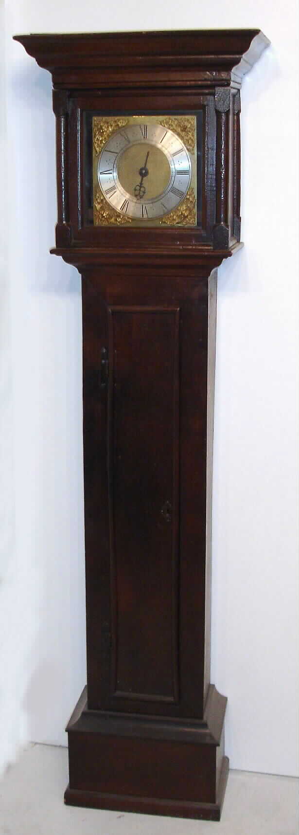 John Warner, London, tall clock with very early single hand brass dial and 30 hour time and bell strike "bird cage" style movement with endless chain winding in hard wood case, c1695 — Antique Clocks Price Guide