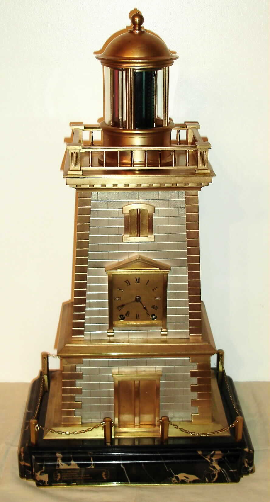 French, Lighthouse Clock with helical Torsion Pendulum, in a rectangular case simulating stone construction silvered center stones and brass-gilt corner stones. The square movement is signed with Guilmet trademark, serial No. 1023. The briskly rotating pendulum, suspended from the center of the dome, is surmounted by clear and colored prisms that simulate the motion of a lighthouse beacon. c.1885 — Antique Clocks Price Guide
