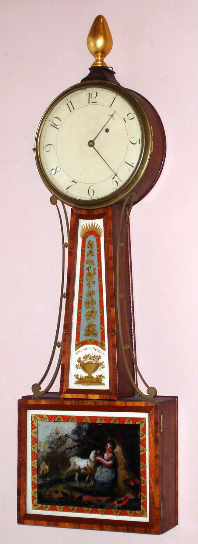 Banjo attributed to Simon Willard 8 day weight driven time only movement with Willard's distinct T-bridge suspension and fillister retaining screws in mahogany case with cross banded veneer accents and side arms, c1815 — Antique Clocks Price Guide