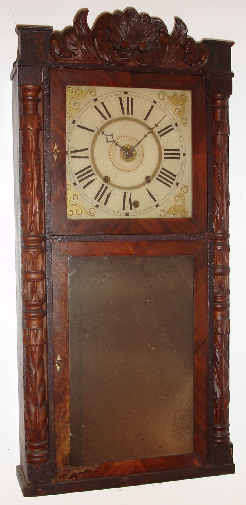 Orton, Preston and Co., Farmington, Conn., carved column and splat 8-day wooden works weight-driven shelf clock with alarm. C.1836. — Antique Clocks Price Guide