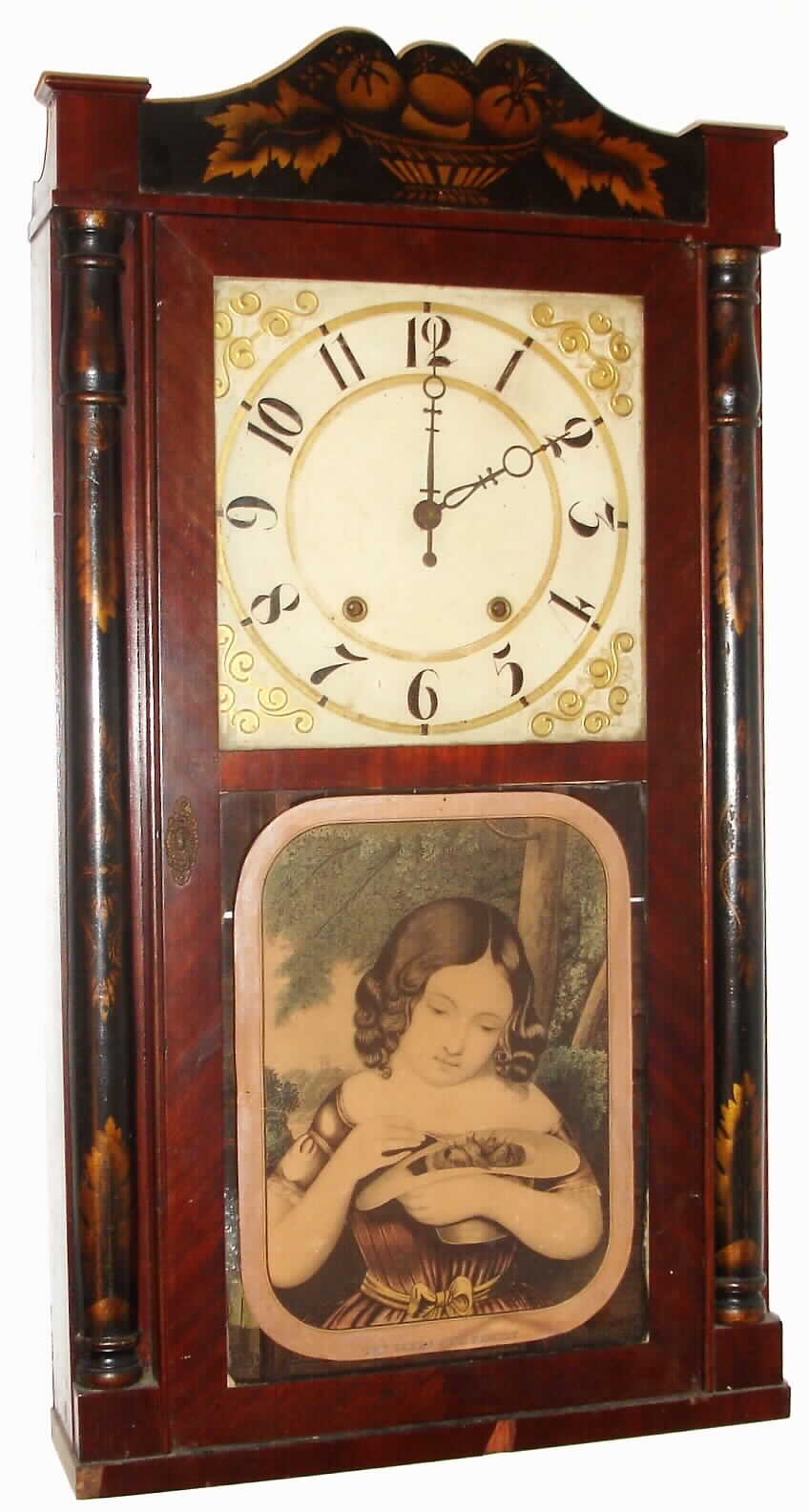 Henry Terry, Plymouth, Conn, mahogany-veneer 30-hour wooden-works stenciled column and splat weight-driven shelf clock, C.1835. — Antique Clocks Price Guide