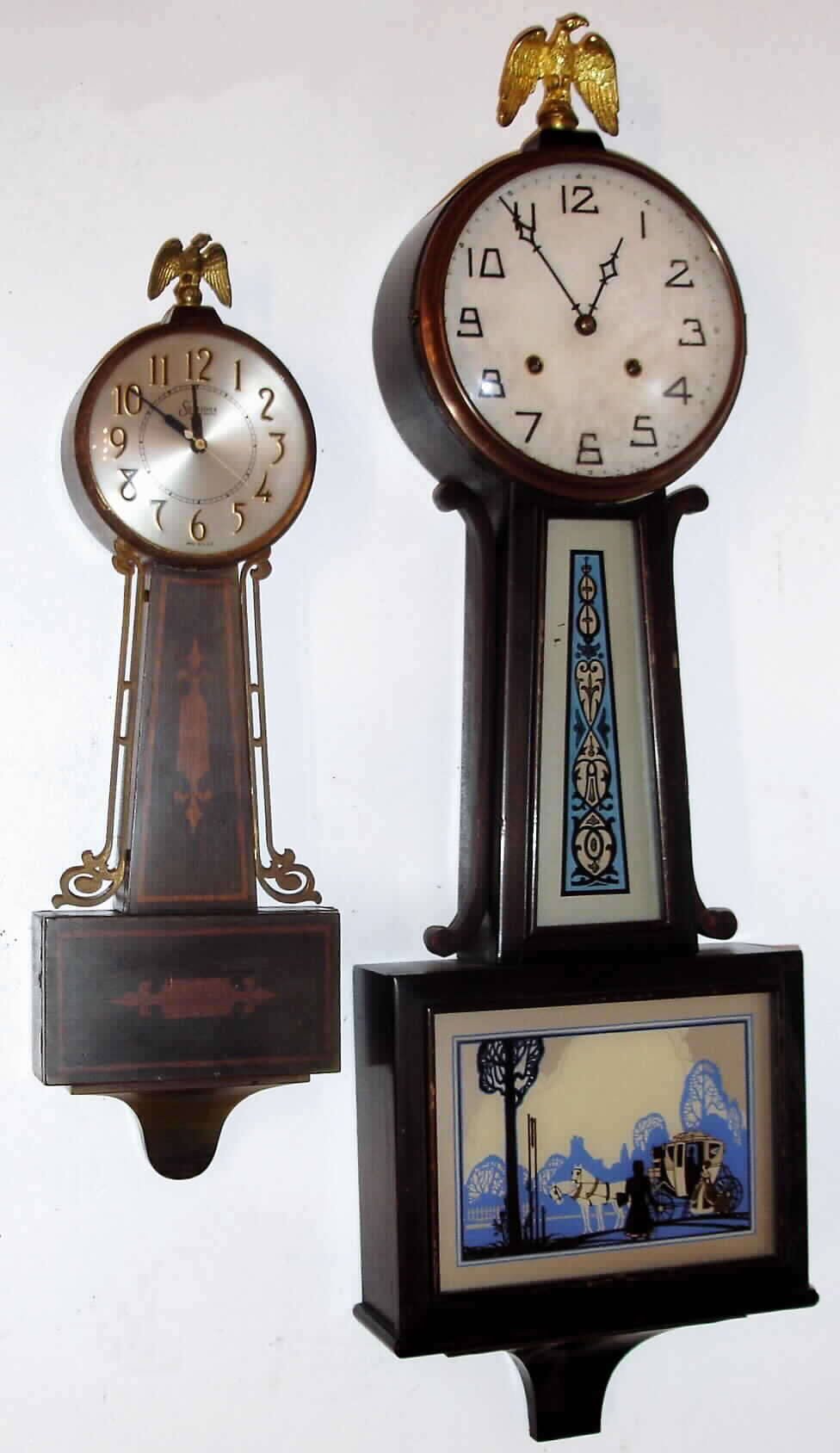 Clocks- (2) Banjo; New Haven "Waring" full-size time and strike 8-day mahogany, C.1923; Sessions half-size No. 945M mahogany plug-in electric, C.1945. — Antique Clocks Price Guide