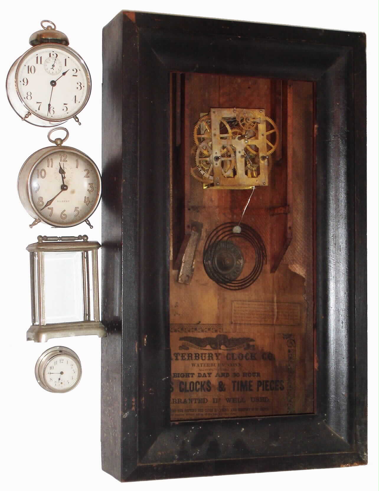 Clocks- (2) alarm clocks: a Gilbert, another small clock, an ogee case and movement a clock statue and a carriage clock case only with only one glass — Antique Clocks Price Guide